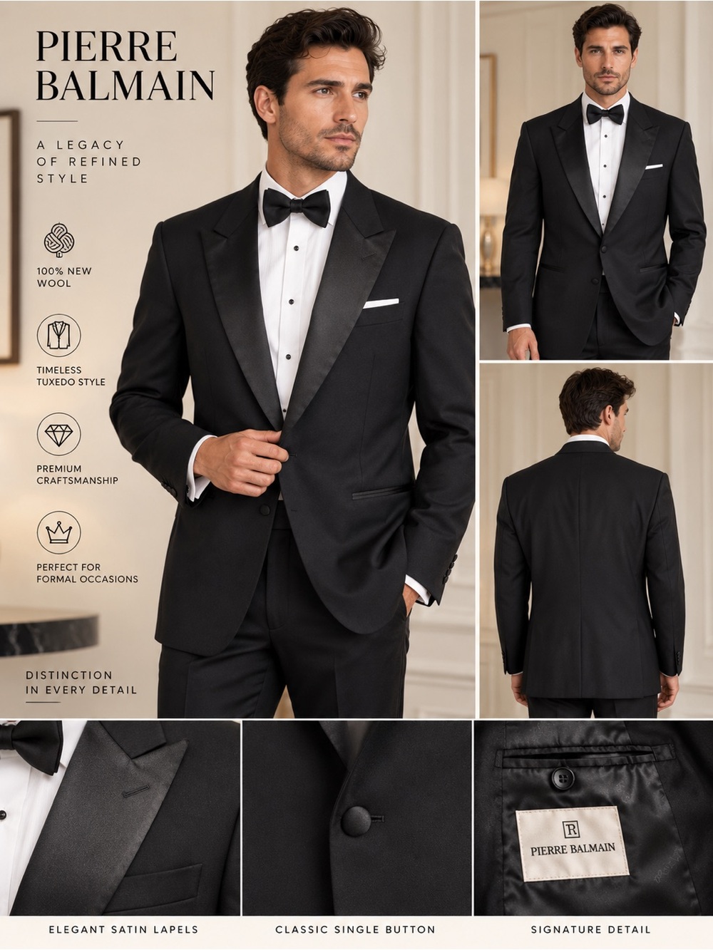 Vintage Pierre Balmain Men’s Black Wool Tuxedo Jacket Satin Peak Lapel 1 Button